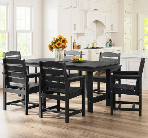 Vista 7 de SERWALL Juego de mesa de comedor de 7 piezas, muebles de comedor de polietileno de alta densidad para exteriores con agujero para paraguas y 6 Negro