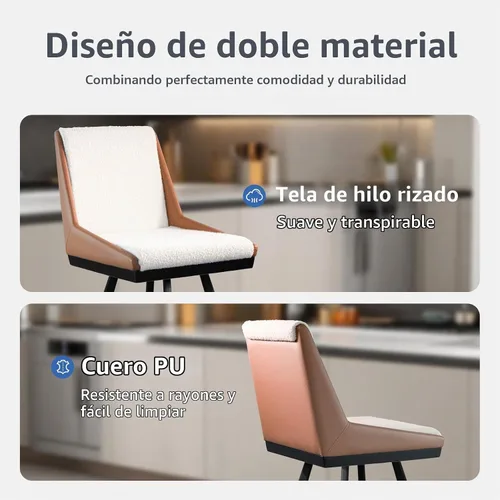 Vista 5 de Juego de 2 taburetes de bar giratorios de 26 pulgadas con respaldo, beige y marrón