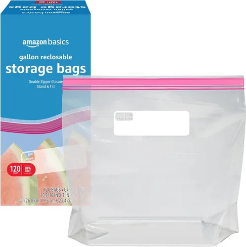 Vista 3 de Amazon Basics Bolsas de almacenamiento de alimentos con cierre de doble cremallera, soporte y base de relleno, sin BPA, 120
