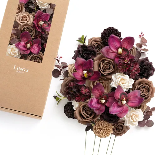Vista 17 de Ling's moment Combo de flores artificiales de boda, caja de vegetación falsa para ramos de bricolaje, centros de mesa, decoración de espuma de rosa