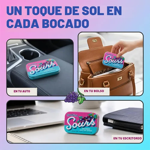 Vista 5 de Sunkist Sours - Caramelos agrios de pomelo sin azúcar, lata de 50