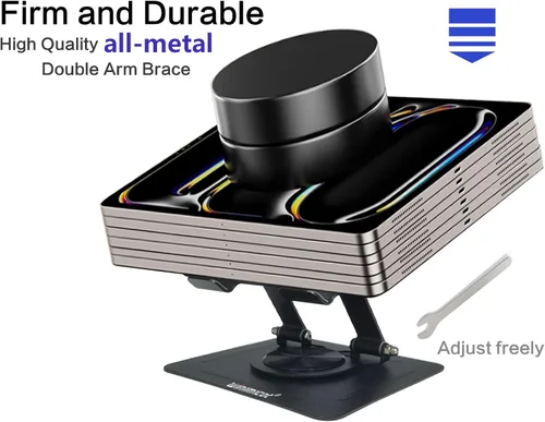 Vista 6 de Soporte para tablet para escritorio, con base de metal giratoria de 360°, soporte de doble varilla ajustable multiángulo, accesorios de oficina