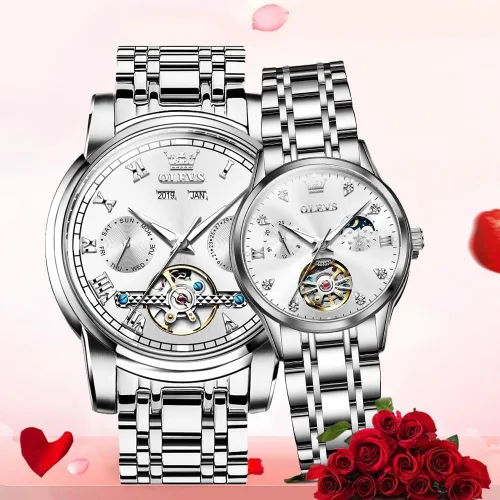 Vista 6 de OLEVS Relojes de pareja para hombres y mujeres, reloj automático para él y ella, tono de remolque, de acero inoxidable, impermeable, luminoso
