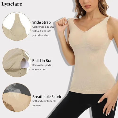 Vista 3 de Camiseta sin mangas para mujer, con control de abdomen, sin costuras, de compresión, cuello en V, adelgazante