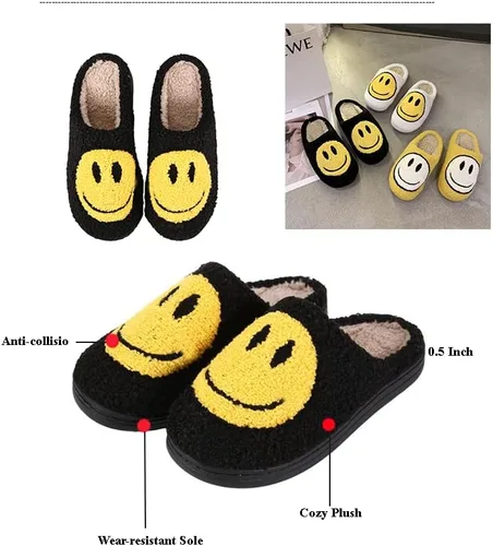 Vista 3 de Doxwater Pantuflas de cara sonriente para mujeres y hombres, cómodas y cálidas pantuflas de felpa sin cordones para invierno, interiores