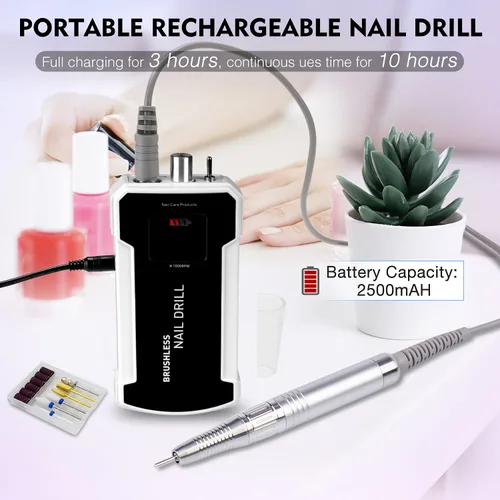 Vista 5 de IMENE - Taladro de uñas profesional, 35,000 rpm, portátil, sin escobillas, recargable, con file, perfecto para uñas acrílicas, gel, naturales (negro)