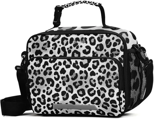 Vista 9 de Kcldeci Bolsa de almuerzo de colores grises con estampado de leopardo animal, bolsas de almuerzo aisladas, caja de almuerzo reutilizable, bolsa