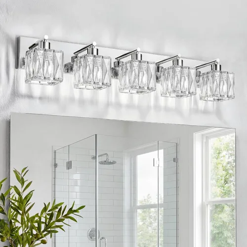 Vista 15 de VOLISUN Luces de Tocador de Cristal - 2 Luces Modernas de Acero Inoxidable para Baño Sobre Espejo, Acabado Cromado - Certificado UL