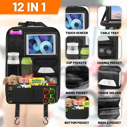 Vista 3 de Organizador de asiento trasero de automóvil con bandeja de mesa, organizador de almacenamiento de 12 bolsillos con soporte para tableta, organizador