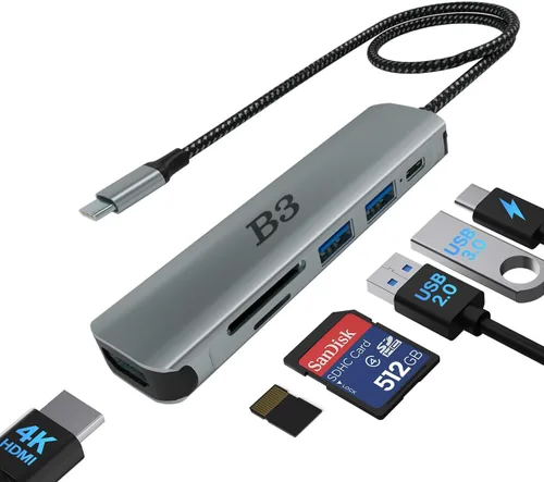 Vista 8 de Adaptador multipuerto USB C Hub 6 en 1 con HDMI 4K@60Hz, 100W PD, 2 puertos de datos USB A y lector de tarjetas SD/TF, Hub de aluminio tipo C