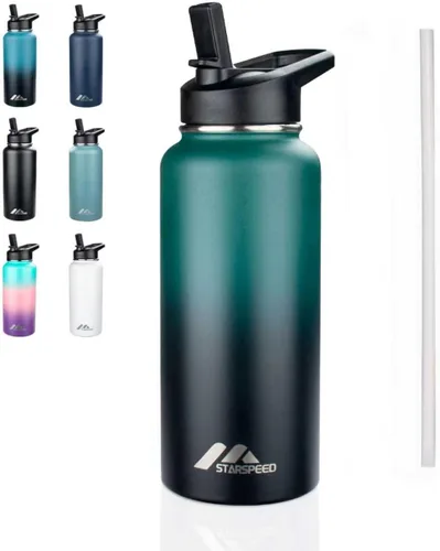 Vista 37 de StarSpeed Botella de agua aislada de 32 onzas con tapa con pajilla, botella de agua al vacío de doble pared de acero inoxidable, botella de agua