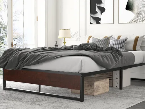 Vista 9 de HOOMIC Base de cama de plataforma de metal de 14 pulgadas con estribo de madera rústica, base de colchón con almacenamiento, listones de metal, sin