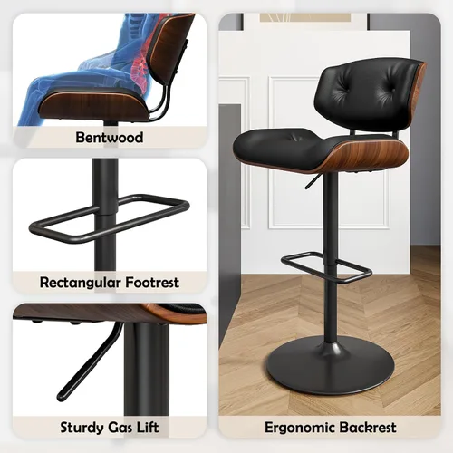 Vista 4 de LUXOAK Juego de 2 taburetes de bar modernos, taburetes giratorios ajustables con respaldo, asiento ancho y profundo, taburetes ergonómicos de piel