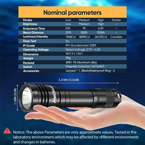 Vista 4 de Linterna de buceo de 3000LM con luz de buceo recargable, linterna subacuática de 328 pies IPX8 impermeable 4 modos de luz de seguridad con cargador