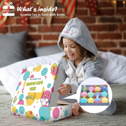 Vista 2 de Bombas de baño para niños con juguetes sorpresa interior – Paquete de 12 bombas de baño de burbujas para baño, aceite esencial vegano, bombas