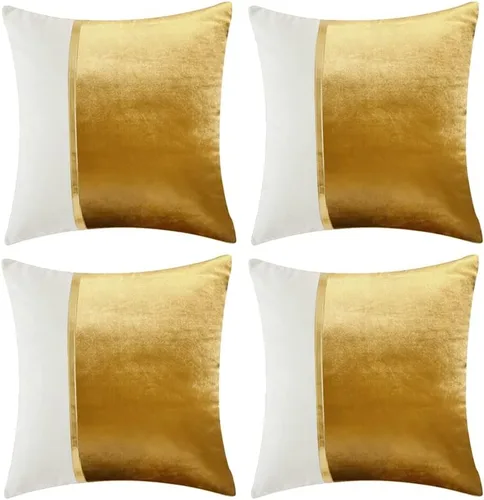 Vista 7 de Fancy Homi Paquete de 4 fundas de almohada decorativas para sala de estar, sofá cama, retazos de terciopelo con cuero dorado, decoración moderna
