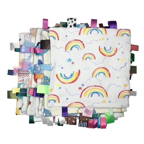 Vista 7 de Lovey - Manta de seguridad para bebé con etiquetas, manta de felpa suave, toalla cómoda y cómoda manta de lunares Minky juguete calmante diseño