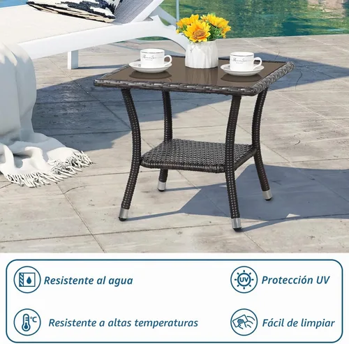 Vista 4 de Super Patio Mesa auxiliar de mimbre para patio al aire libre, mesa de centro de mimbre cuadrada con parte superior de vidrio, marco de aluminio