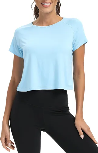 Vista 2 de Mippo - Camisetas de ejercicio para mujer, largo recortado, con espalda dividida, atléticas, para gimnasio, ejercicio, ajuste holgado