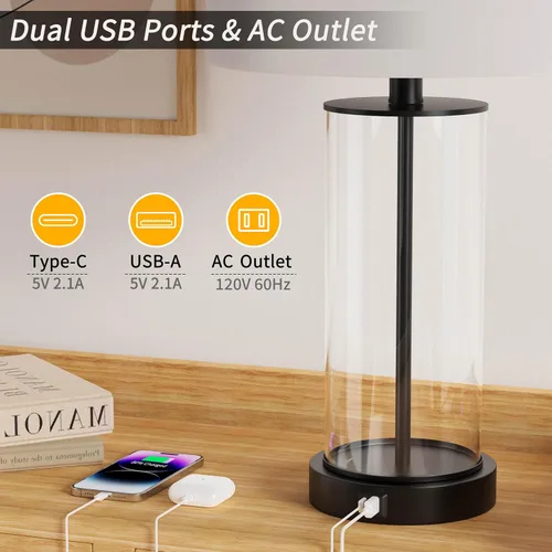 Vista 2 de Juego de 2 lámparas de mesa de cristal transparente de 23 pulgadas con puertos USB y salida de corriente alterna, bombillas de lámpara de mesa