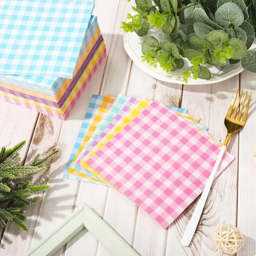 Vista 4 de Whaline 60 servilletas de cóctel de primavera y Pascua, 6 colores pastel, servilletas de papel a cuadros desechables para baby shower, picnic