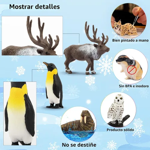 Vista 5 de Toymany Juego de 14 mini figuras de animales árticos, juguetes de animales polares con oso polar, caribú, pingüino, morsa, lobo, figuras