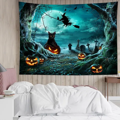 Vista 21 de LB Tapiz espeluznante de cementerio de Halloween, lápida aterradora con árboles muertos, tapiz de bosque para colgar en la pared, tapiz de fondo