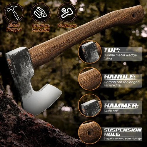Vista 5 de Dream Reach Hacha con Mango Carbonizado de 14.5" Hacha de Camping con Funda Hacha de Bushcraft con Mango Carbonizado, Ejes de Tallado Forjados a