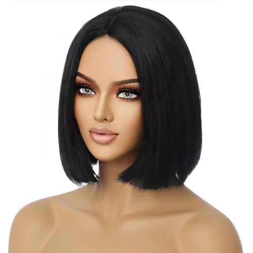 Vista 6 de Pelucas de cabello negro corto y lacio negro para mujer, peluca de cosplay con parte lateral, resistente al calor, pelucas sintéticas de aspecto
