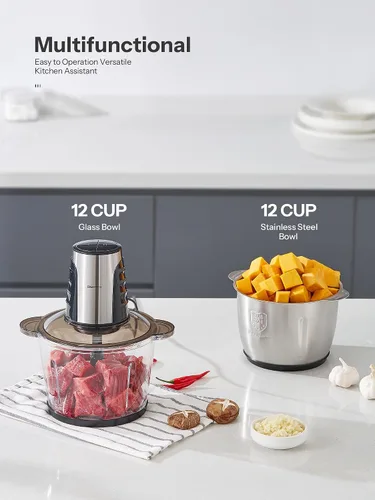 Vista 2 de Procesadores de alimentos con 2 cuencos grandes (12 tazas + 12 tazas), picadora eléctrica Reemix con potente motor de cobre de 500 W, 4 cuchillas