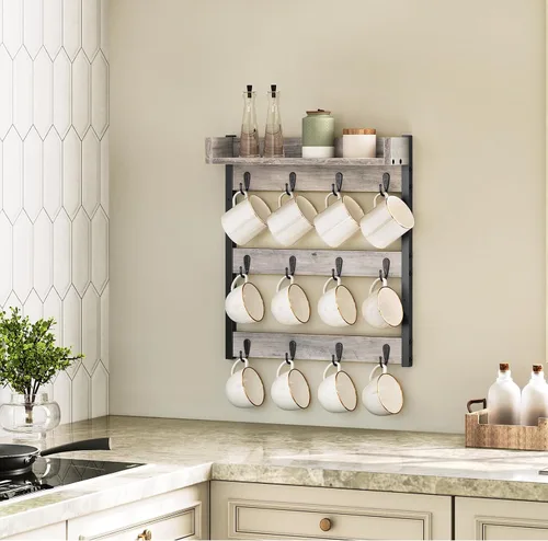 Vista 2 de YATINEY Soporte para Tazas de Café, Estante de Árbol de Tazas de 3 Niveles, Colgante para 12 Tazas, con Estante Superior, para Cocina, Comedor, Sala