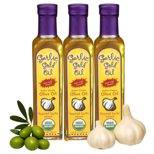 Vista 8 de Garlic Gold Aceite de oliva virgen extra infundido con ajo, certificado orgánico USDA premium, bajo FODMAP, prensado en frío (8.44 onzas líquidas)