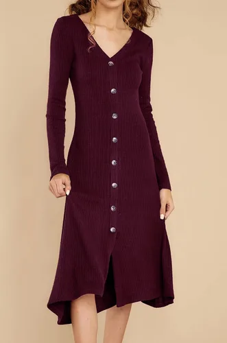 Vista 3 de R.Vivimos - Vestido midi de manga larga, de algodón, con cuello en V y abotonado, para el invierno, estilo casual, de punto