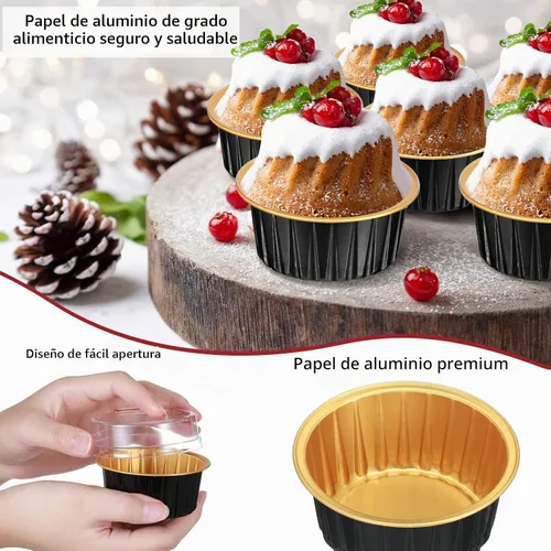 Vista 3 de 150 moldes desechables de papel de aluminio para hornear, con tapas, mini moldes para cupcakes de 5 onzas, moldes para flan, moldes para tartas