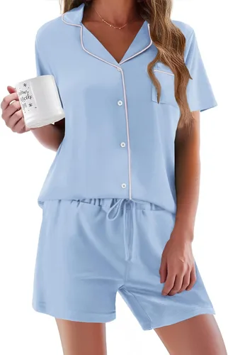 Vista 33 de Ekouaer - Conjunto de pijamas de manga corta para mujer, con botones, suave, 2 piezas, conjuntos de descanso, tallas XS-XXXL Verde Aqua