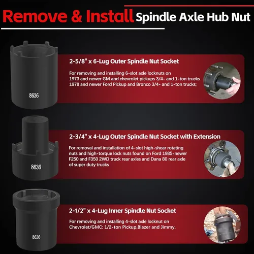Vista 5 de Kit de Herramientas de Llaves de Tuerca de Husillo 5 Piezas Juego de Llaves de Tuerca de Bloqueo de Cubo de Eje 1/2" Drive Extractor Instalador