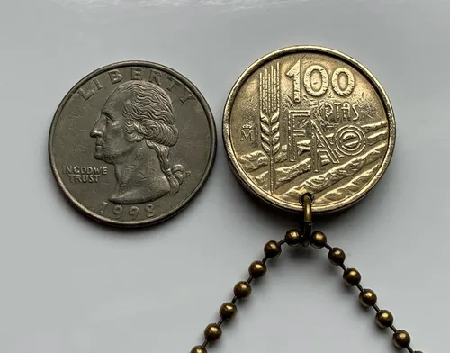 Vista 5 de 1995 Spain España 100 Pesetas coin pendant rey Juan Carlos I FAO Madrid Barcelona Sevilla Granada Malaga Valencia Cadiz Zaragoza Murcia Bilbao