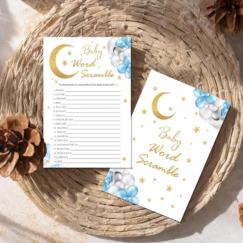 Vista 3 de Tarjetas de juego Baby Word Scramble, juegos de baby shower de luna y estrellas, 25 cartas y 1 clave de respuesta