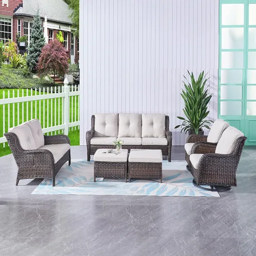 Vista 97 de HUMMUH Juego de 2 Sillas Giratorias Mecedoras de Mimbre para Patio Exterior, Juego de Muebles de Sillas Mecedoras de Ratán (Marrón, Azul) 50,000