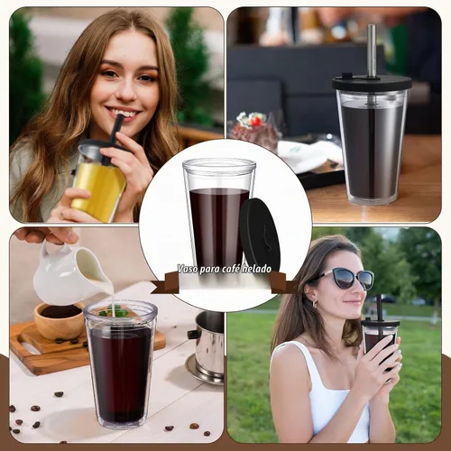 Vista 6 de Honeydak Paquete de 2 Tazas Reutilizables de 16oz para Café Helado con Tapas, Impermeables y de Pared Doble Aislada, Vaso de Café Helado de Plástico