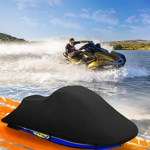 Vista 8 de Funda para Jet Ski, Cubierta de Embarcación Acuática de Poliéster Impermeable Resistente al Desgarro y Decoloración con Ventilación de Aire Negro