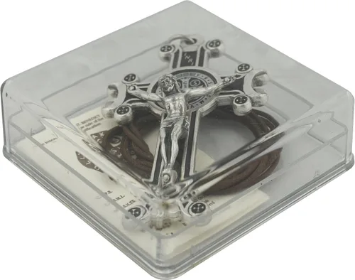 Vista 4 de Rose Scapular Cruz cruzada varonil con medalla de San Benito, Cuero