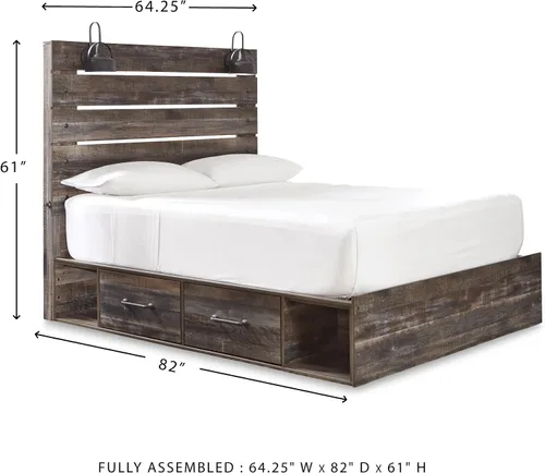 Vista 3 de Signature Design by Ashley Drystan - Cama de plataforma con panel rústica tamaño Queen con 2 cajones de almacenamiento, cubículos abiertos, luces