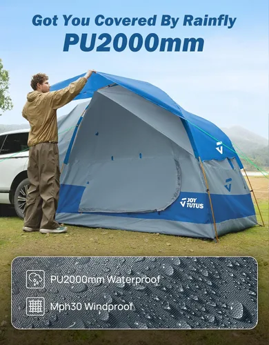 Vista 4 de JOYTUTUS Tienda de campaña SUV para acampar con sombrilla impermeable, diseño de doble puerta, tienda de campaña para auto con postes de aluminio