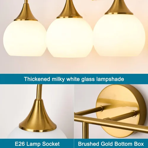 Vista 4 de Modernas luces doradas para tocador de baño, lámparas de baño de 3 luces sobre espejo con pantalla de vidrio blanco leche, aplique de pared moderno