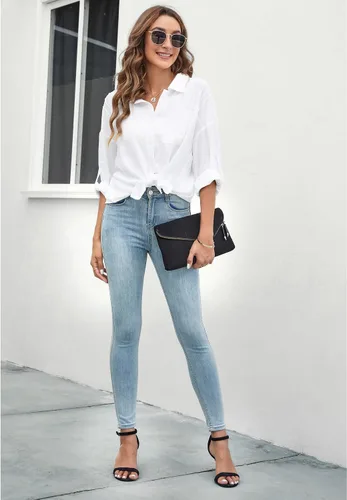 Vista 9 de BMJL Camisas con botones para mujer, blusas casuales de trabajo, manga 34, con bolsillos