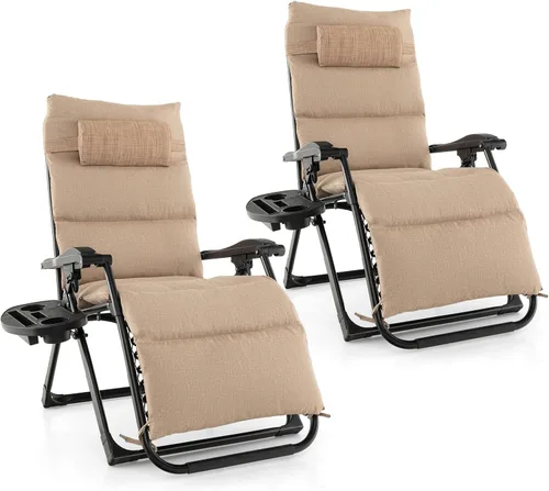 Vista 10 de Giantex Silla Zero Gravity con cojines de patio, silla reclinable plegable ajustable con almohada y soporte para tazas, sillón reclinable de césped