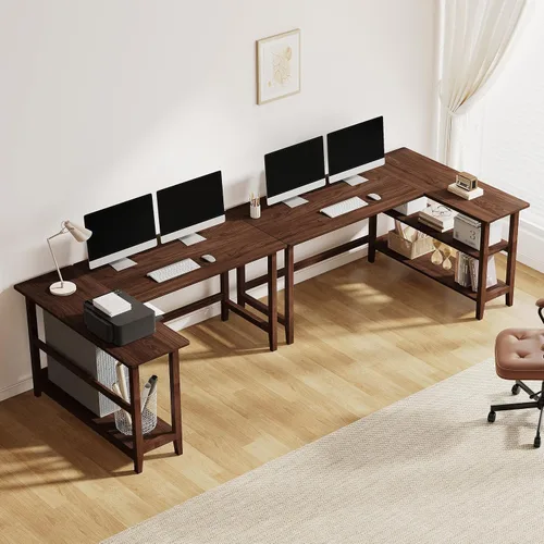 Vista 9 de IOTXY Escritorio de oficina reversible en forma de L, mesa de computadora compacta de 45 pulgadas con estantes de almacenamiento, patas de madera