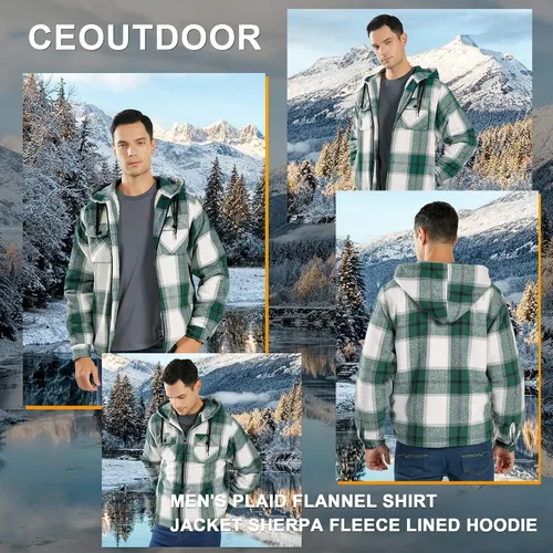 Vista 6 de Ceoutdoor Chaqueta de franela con capucha para hombre, forro polar, camisa de franela a cuadros con cremallera, sudadera con capucha de sherpa