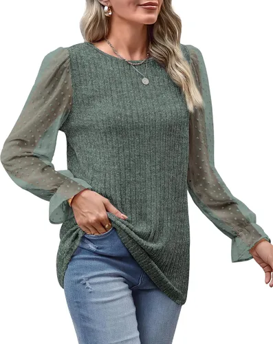 Vista 3 de OFEEFAN Blusa holgada de manga larga con cuello redondo y lunares suizos para mujer